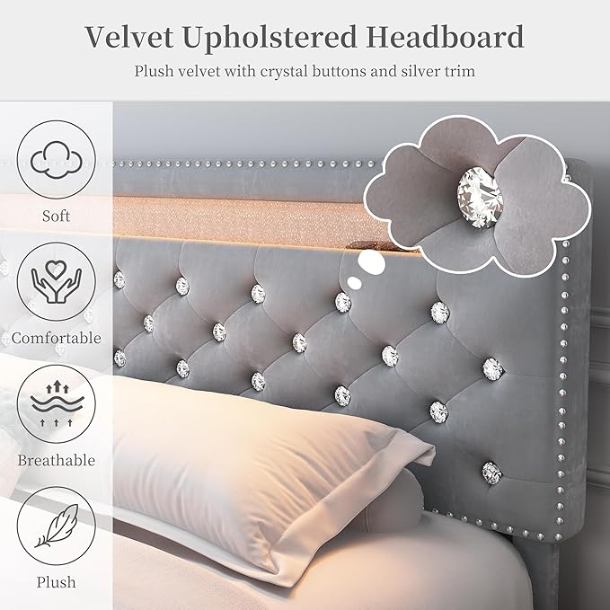 Queen Led Bed Frame with 2 Drawers, Modern Sturdy Adjustable Upholstered Crystal Button Tufted Headboard Platform Bedframe with Storage, No Box Spring Needed, Noise-Free, Easy Assembly, Velvet Grey