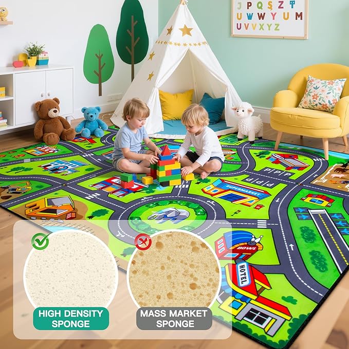Road Car Rug, 5x7 Ft City Road Rug for Kids, Extra Thick (0.4in) Kids Floor Play Mat and Car Carpet with Realistic Colors - Perfect for Children, Soft and Non-Slip for Playroom and Bedroom