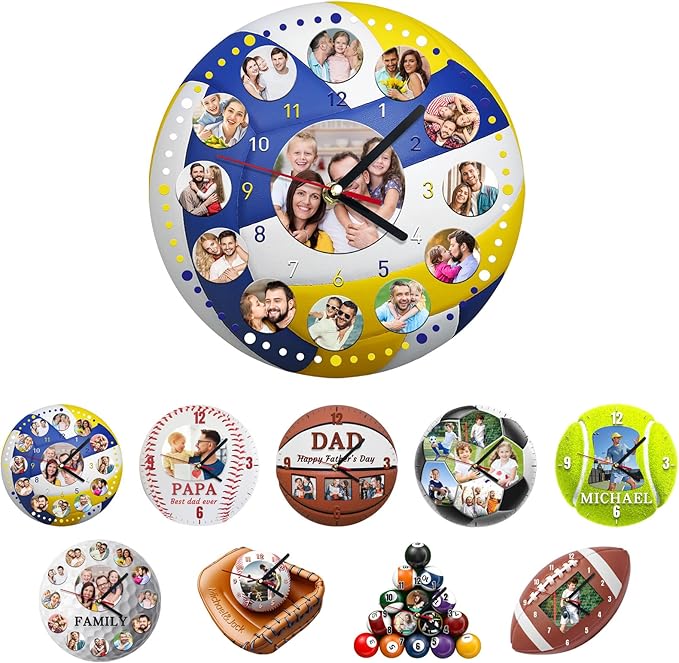 Custom Wall Clock, Personalized Clocks with Picture, Customized Silent Sports Ball Clock for Living Room Kids Bedroom, Creative Birthday Volleyball Style