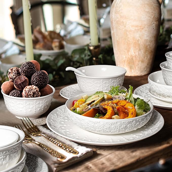 Small Ceramic Bowls - 14 Oz Ice Cream Bowls Set of 4, White Embossment Dessert Bowl for Kitchen, Soup, Side Dishes, Oatmeal, Rice, 4.75 Inch Microwave Oven Safe(Snowflake)