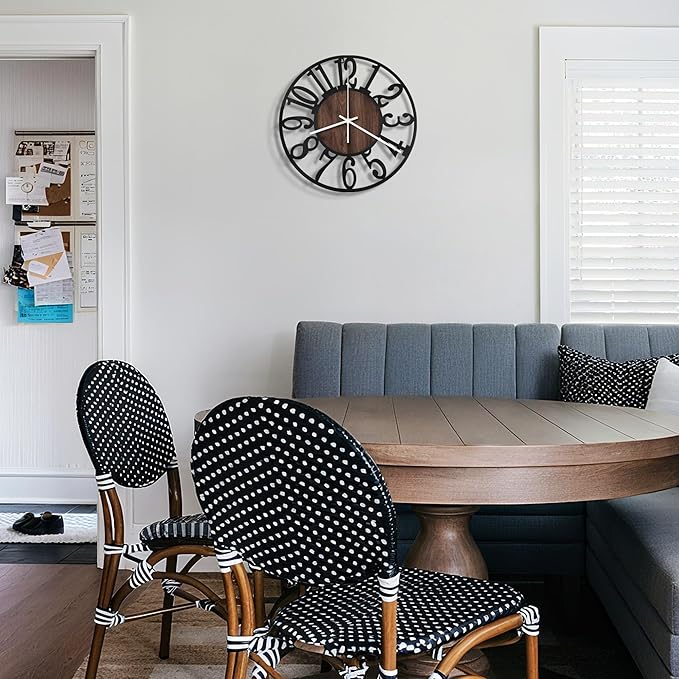 Maxstar Wall Clock Battery Operated,Silent Non-Ticking Modern Rustic Metal Round Clocks Small for Living Room/Bedroom/Office/Kitchen/Farmhouse Home Decor-10 Inch(Brown-Wood)