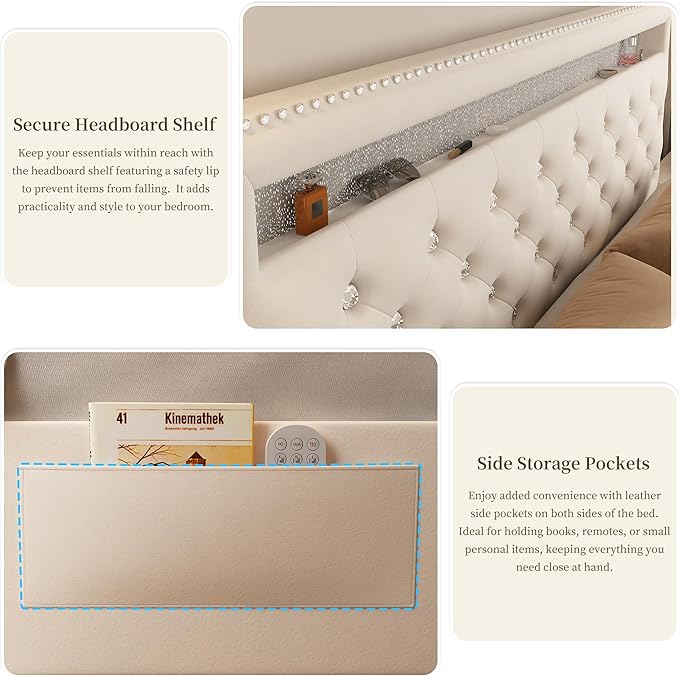 Queen Led Bed Frame with 2 Drawers, Modern Sturdy Adjustable Upholstered Crystal Button Tufted Headboard Platform Bedframe with Storage, No Box Spring Needed, Noise-Free, Easy Assembly, Velvet Cream