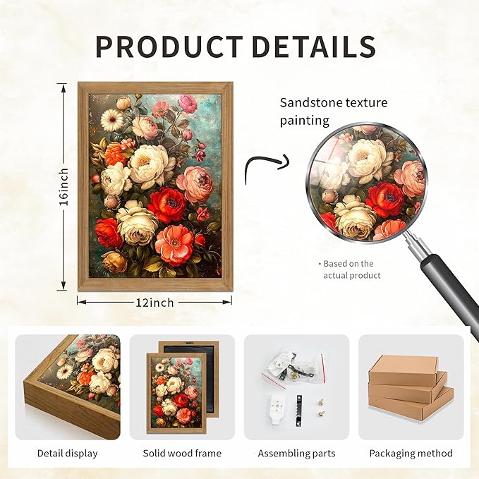 AKWISH Framed Vintage Floral Wall Art - 3D Textured Antique Colorful Flowers Oil - Hand Drawn Painting Classical Botanical Art Wall Decor for Living Room Bedroom Office Decor 12x16in