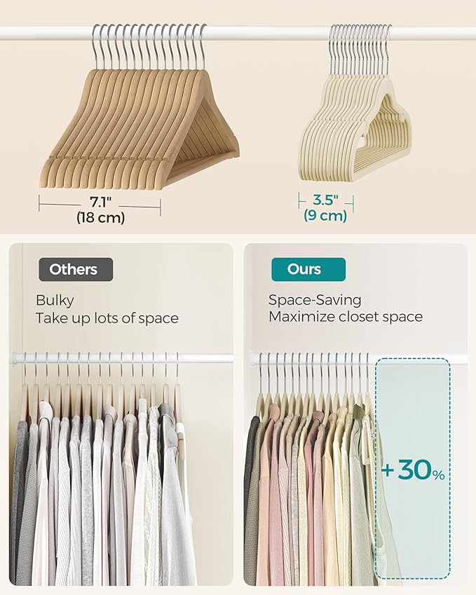 SONGMICS Velvet Hangers 50 Pack, Non-Slip Clothes Hangers, Suit Hangers with Shoulder Notches, Pants Bar, 360° Swivel Hook, Space-Saving, for Closet, Surmmer Sand UCRF029K05
