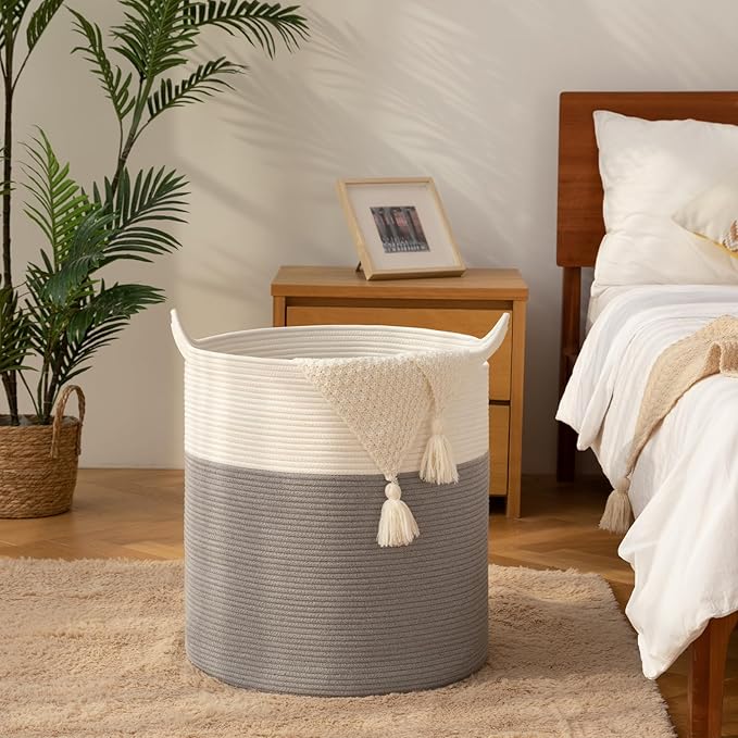 Laundry Basket, 100L Large Laundry Hamper, Tall Woven Rope Storage Basket for Blanket Toys Pillows Towels, Baby Nursery Hamper Bin for Living Room, Bedroom (Grey & White)