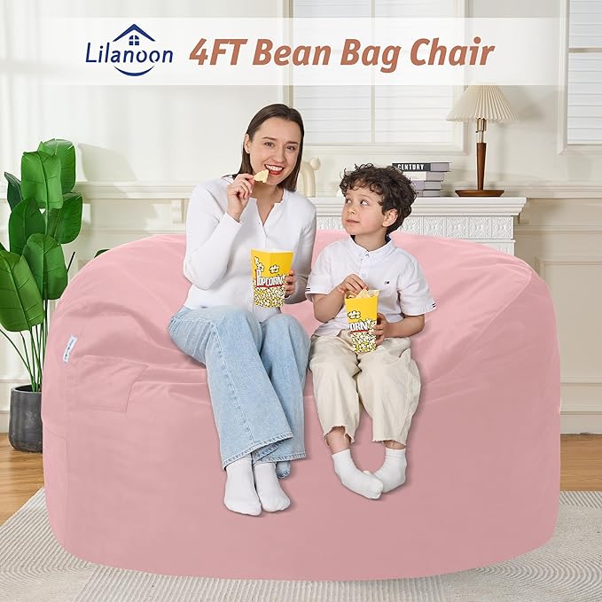 4FT Bean Bag Chair with Ultra Soft Velvet Cover Bean Bag Sofa with Memory Foam Bean Bag Chairs with Large Size Lazy Sofa for Dorm Office Living Room Bedroom Light Pink 4'