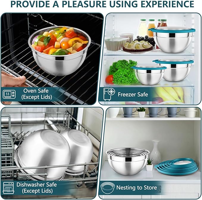 P&P CHEF Mixing Bowl with Lid Set of 7, Stainless Steel Nesting Salad Bowls for Cooking Serving Prepping, Clear Lids & Stackable Design, Size 4.6, 3.5, 3, 2, 1.5, 1, 0.7 Qt - Blue