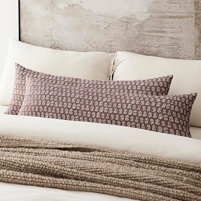 Foindtower Set of 2 Decorative Vintage Long Lumbar Throw Pillow Covers Neutral Modern Farmhouse Cushion Covers Floral Home Decor for Sofa Couch Chair Bedroom Living Room Outdoor,14×36 Inch,Wine Red