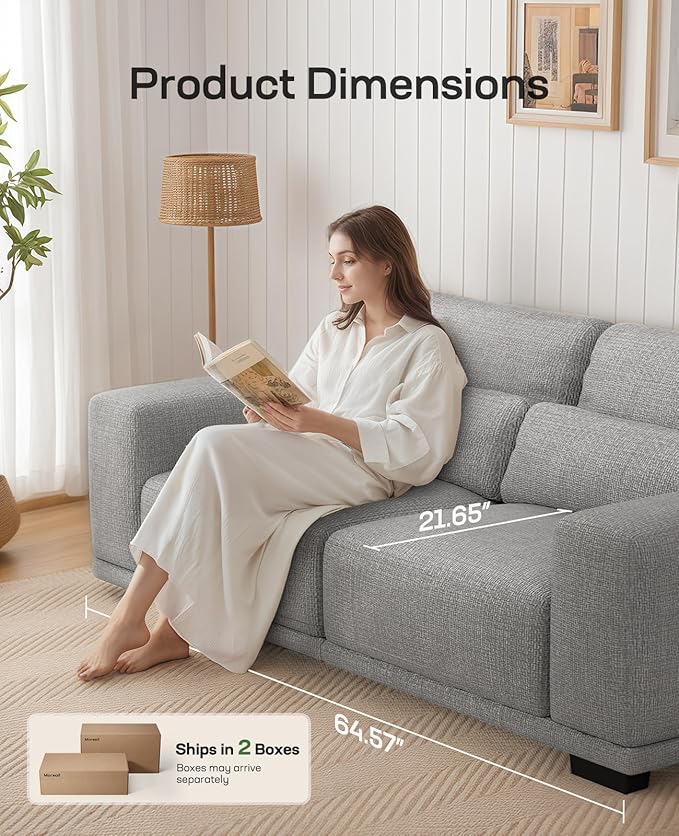 Marsail 2-Seater Modern Sofa, 65" Loveseat Couch with Wide Armrests & Deep Cushions, Linen Sofas with Removable Washable Covers for Living Room, Grey