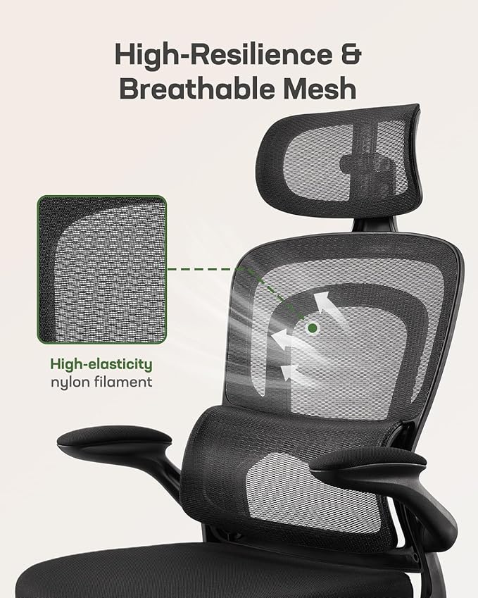 Marsail Ergonomic Office Chair with Lumbar Support, High Back Desk Chair with 2D Headrest & Flip-Up Armrests Gaming Computer Task Chair Tilt Function Black