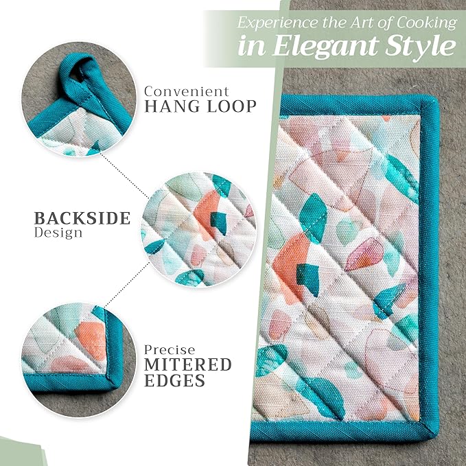 Maison d' Hermine Pot Holders Set 100% Cotton Heat Resistant Potholders 8" x 8" Hot Pads with Loop BBQ, Cooking, Baking, Grilling, Kitchen, Handling Hot Pans Spring/Summer (Pack of 2, Summer Picnic)