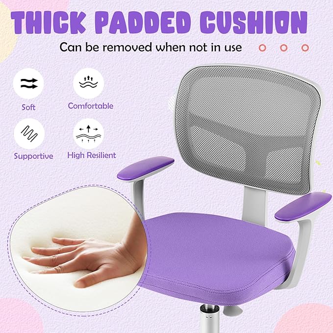 HONEY JOY Kids Desk Chair, Height Adjustable Children Study Chair, Swivel Mesh Task Student Chair, Universal Casters, Child Computer Desk Chair for Boys Girls Age 3-10 (Purple)