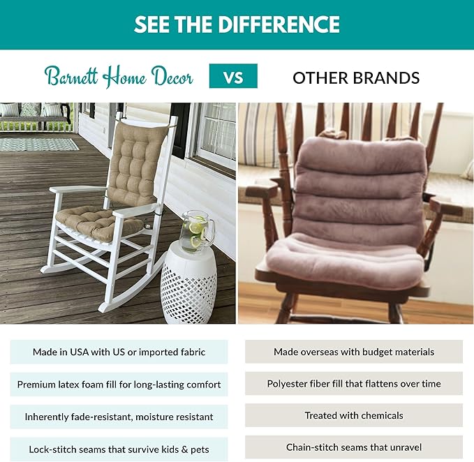 Rave Sand Neutral Porch Rocker Cushions - Extra-Large - Indoor-Outdoor: Fade Resistant, Weatherproof - Latex Foam Filled Rocking Chair Seat Cushion & Backrest Pad Set - Solid Color