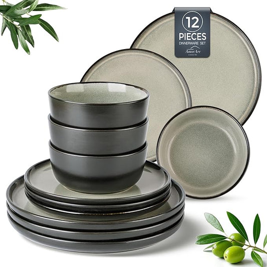 AmorArc Stoneware Dinnerware Sets,Round Reactive Glaze Plates and Bowls Set,Highly Chip and Crack Resistant | Dishwasher & Microwave Safe Dishes Set,Service for 4 (12pc)
