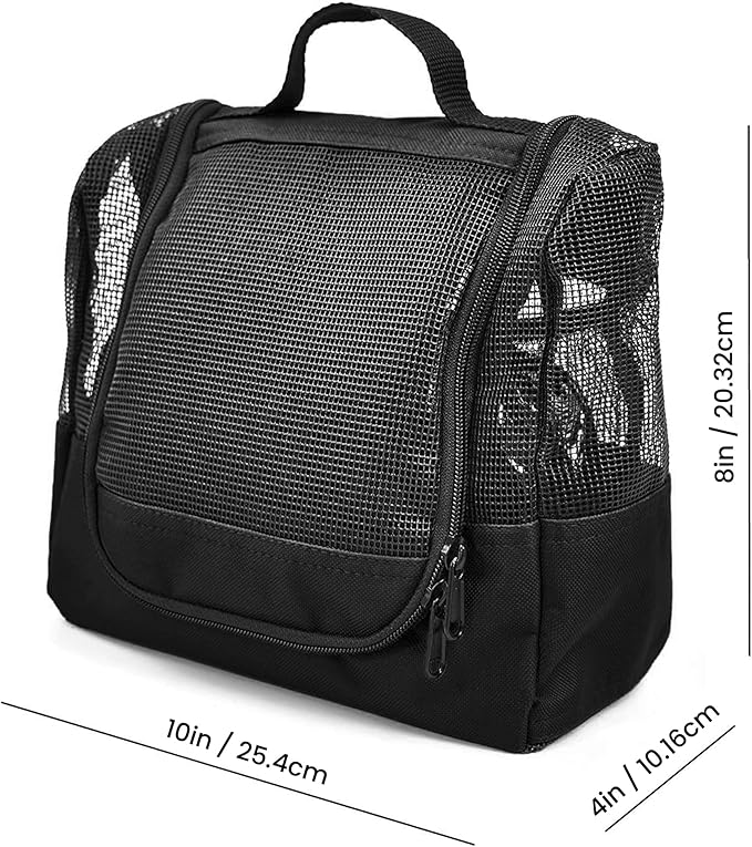 The Fine Living Co. Portable Hanging Shower Caddy Organizer Bag (Free Toiletries Case+Metal Hook) Quick Dry Mesh Shower Caddy Tote Bag Pouch For Bathroom College Dorm Camp Gym Camping 10”x4”x8”(Black)