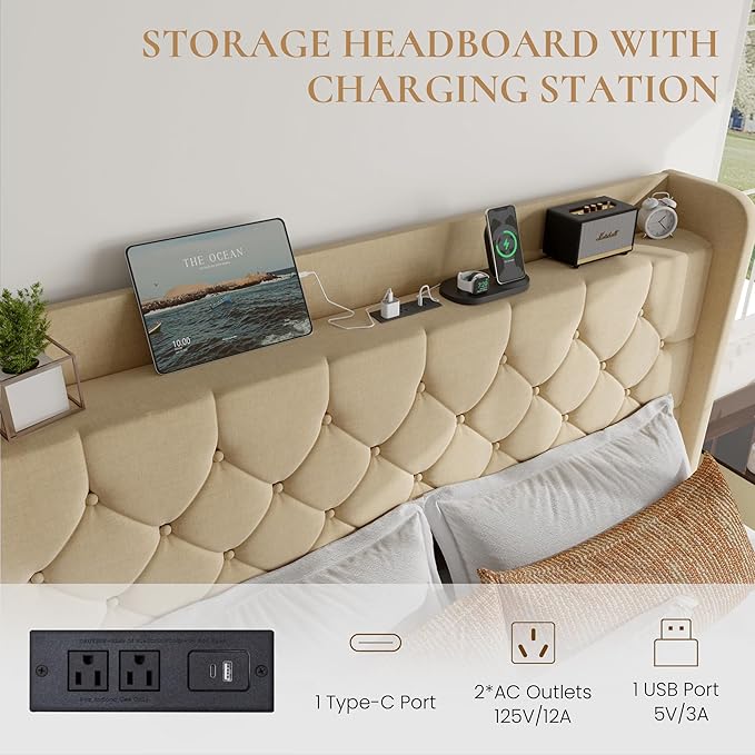 SHA CERLIN Full Size Platform Bed Frame with Charging Station, Velvet Wingback Headboard with Storage Shelf, Wooden Slats Support, Ample Under-Bed Space, No Box Spring Needed, Easy Assembly, Beige