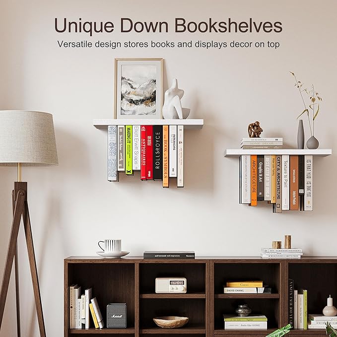 Floating Bookshelves for Wall, Rustic Wood Hanging Wall Bookshelf, Upside Down Book Shelf and Wall Mounted Bookshelves for Home Decor in Bedroom, Living Room, White 2 Pack
