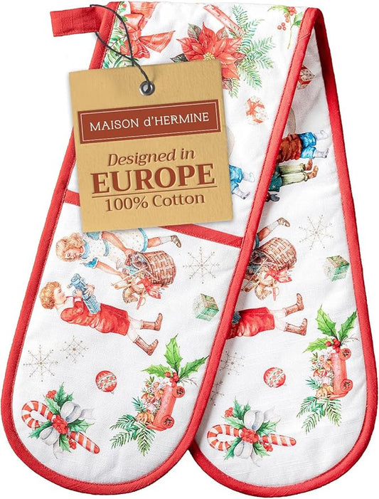 Maison d' Hermine Double Oven Mitt (7" x 35") 100% Cotton Heat Resistant BBQ Cooking Gloves with Loop for Thanksgiving Christmas Decorations Baking Cooking Barbeque Handling Hot Pan (Chromo)