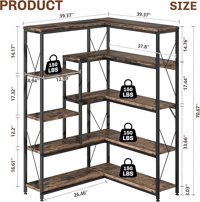 JAMFLY 5-Tier Corner Bookshelf, Industrial Corner Bookcase, Book Shelves with Metal Frame, Large Open Display Bookshelves, L-Shaped Shelf for Living Room, Home Office, Rustic Brown