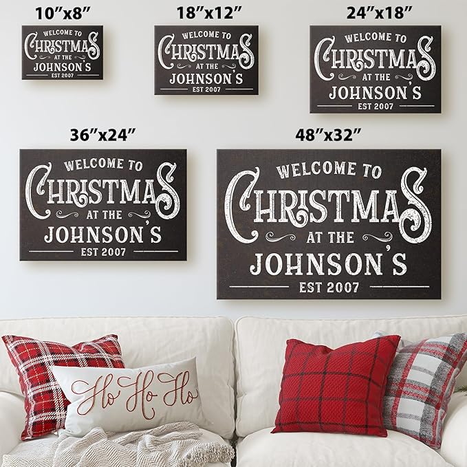 Milweb1 Personalized Family Name Welcome To Christmas/Rustic Vintage Farmhouse Holiday Decor Canvas Sign Holiday Decorations Wall Decor Print (18"x24")