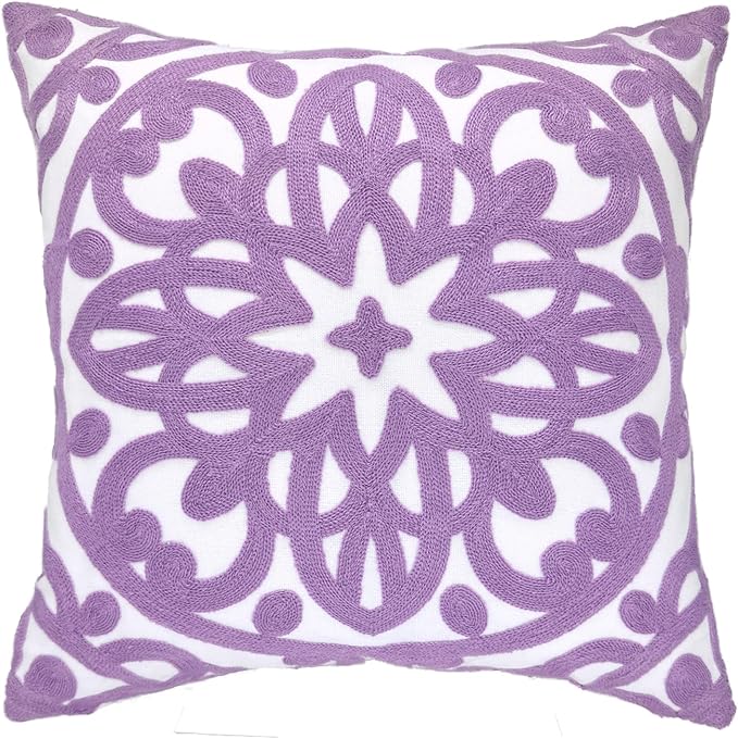 Alysheer Embroidered Decorative Throw Pillow Cover 18"x 18", Boho Mandala Modern Thick Embroidery Pattern Durable Cotton Canvas Soft Cushion Case for Sofa Couch Bed Living Room (Lilac Lavender)