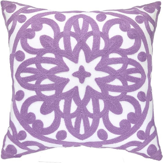 Alysheer Embroidered Decorative Throw Pillow Cover 20"x 20", Boho Mandala Modern Thick Embroidery Pattern, Durable Cotton Canvas Soft Cushion Case for Sofa Couch Bed Living Room (Lilac Lavender)
