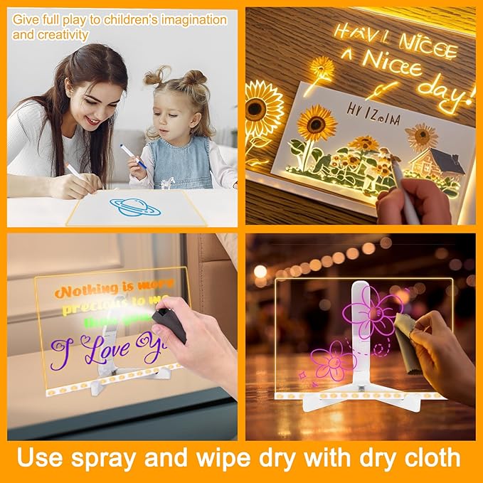 Led Note Board with Colors, 11.8 X 7.9” Acrylic Dry Erase Board with Light, Acrylic Lighted Memo Board with Adjustable Stand, LED Light-Up Message Note Board with 12 Pen for Office School Home