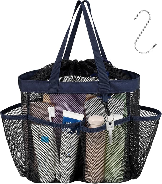 F-color Mesh Shower Caddy Portable with Drawstring - Deeper 7 Pockets Dorm Room Essentials for Guys Girls with S Hook, Shower Bag Tote for College Camping Toiletry Bathroom, Black with Dark Blue