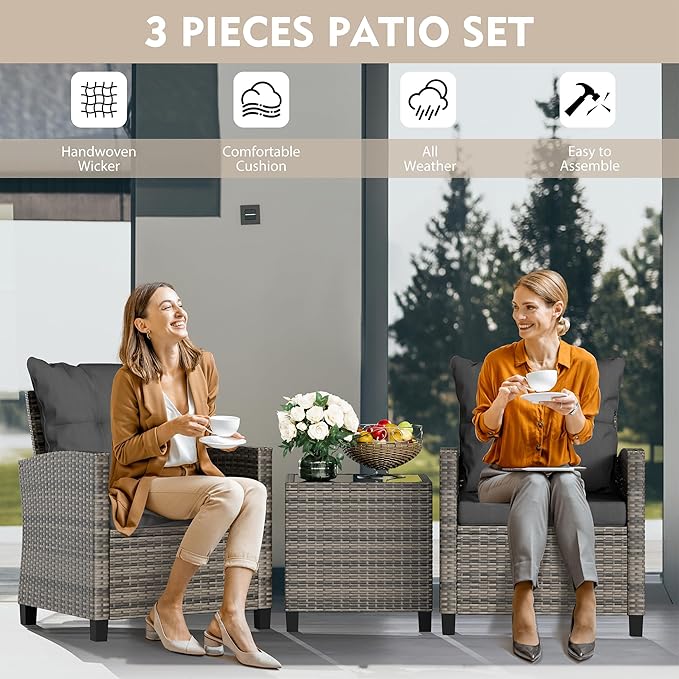 Vongrasig 3 Piece Patio Furniture Set Small Outdoor Wicker Rattan Front Porch Bistro Set Cushioned Patio Chairs Conversation Set with Glass Table for Lawn, Garden, Backyard, Balcony, Poolside (Gray)