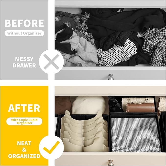 Cupic Cupid Drawer Organizer, Dresser Organizers, Foldabe Drawer Organizer Clothes, Closet Organization and Storage Dividers for Socks, Underwear and Diaper, Set of 6, Black