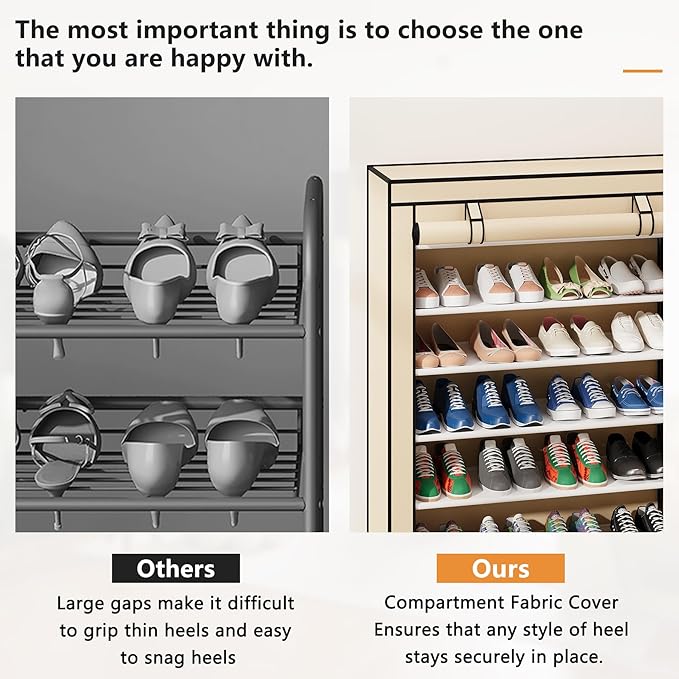 Laiensia 7-Tier Vertical Shoe Rack Organizer, Space Saving Shoe Storage Organizer, Non-Woven Cover Shoe Shelf Holds 28-35 Pairs for Bedroom, Hallway, Closet Entryway, Beige