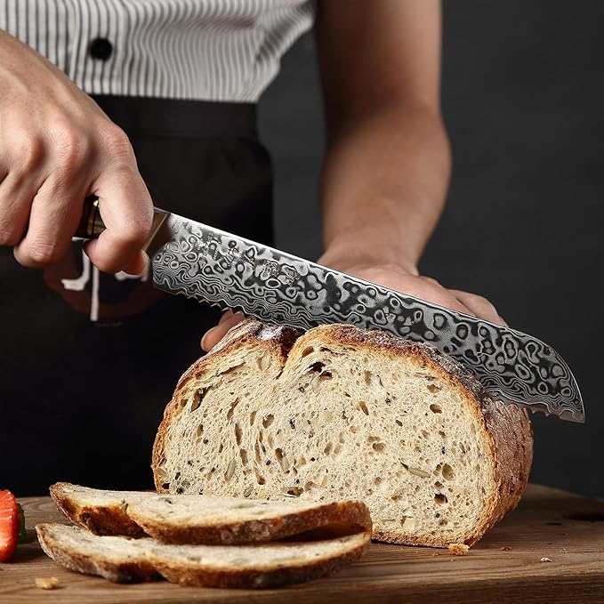 HEZHEN 8.3 Inch Serrated Bread Knife, Damascus Steel Cake Knife,High Carbon Steel Kitchen Knife, Wood Handle and Gift Box