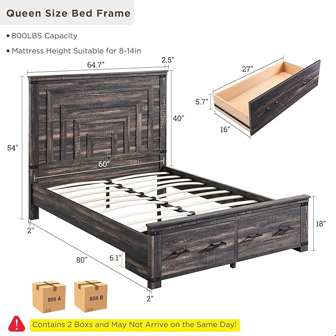 T4TREAM Farmhouse Queen Size Bed Frame with 54" Tall Geometric Headboard & 2 Large Storage Drawers, Rustic Wood Platform Bed with Wood Slats Support, No Box Spring Needed, Dark Rustic Oak