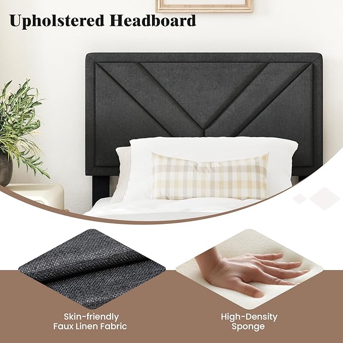 Giantex Twin Bed Frames with Headboard, Modern Upholstered Platform Bed Frame with Diagonal Channel Tufting Headboard, Wooden Slats Support, No Box Spring Needed, Gray