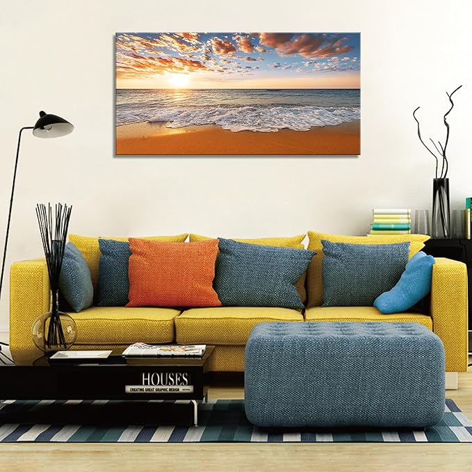 YYYYHPP YP2162 Beach Wall Art Morning Sunrise Sky Ocean Beach Waves Scenery Modern Painting Artwork for Office Wall Decor Home Decoration Stretched and Framed Ready to Hang
