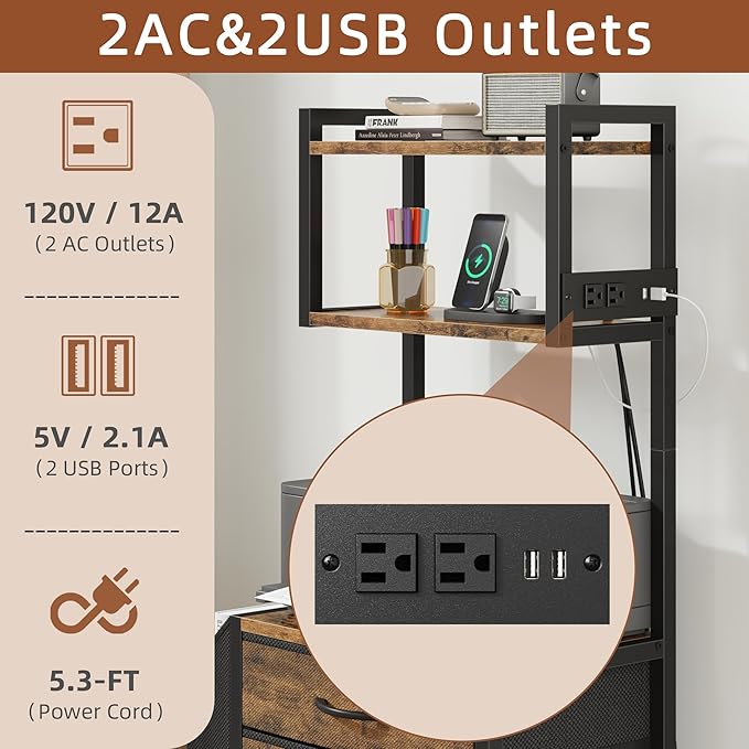 Small 3 Drawer File Cabinet with Charging Station, 3-Tier Tall Filing Cabinet for Home Office, 11''*16'' for Small Printer, Fabric Drawer Fits Letter/A4, Printer Stand 45''H, Rustic Brown