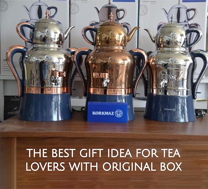 Korkmaz Hanedan A843-04 Stainless Steel Samovar, Upper Pot 1.3 L (43.9 Oz), Bottom Pot 3.5 L(118.3 Oz) Electric Turkish Tea Maker Set, Double Pots Tea Machine, Inox, Rosegold, 110 V US Plug, 5.1-Quart