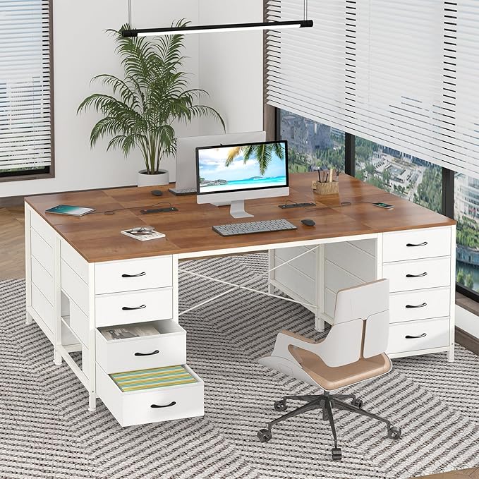 60 Inch Computer Desk with 8 Drawers, Home Office Desk with Power Outlets, Work Study Gaming Desk with 8 Fabric Drawers, Brown and White