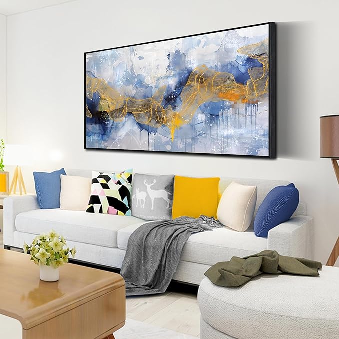 Modern Living Room Wall Art - Blue Canvas Wall Art Abstract -Large Framed Wall Art Ready to Hang Size 29" x 59"
