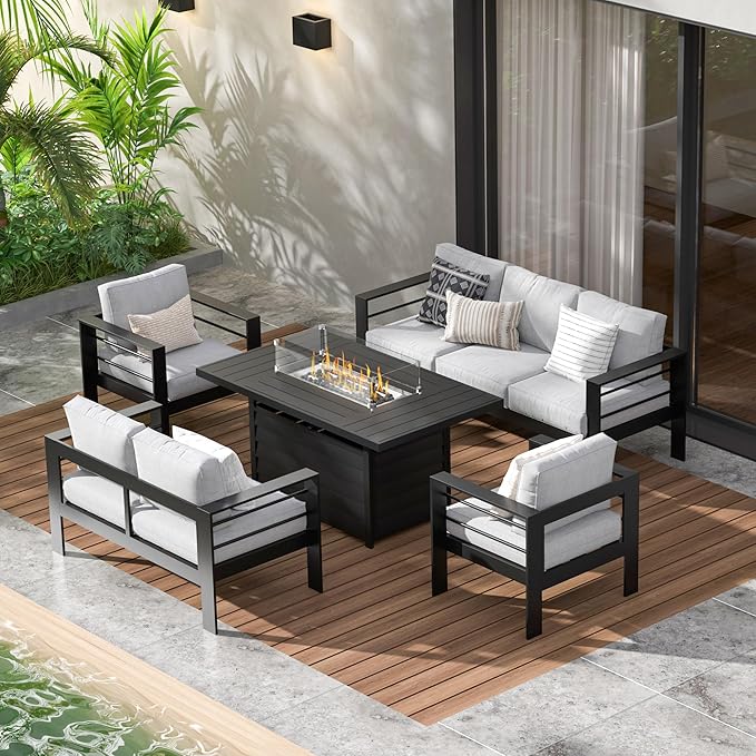 Wisteria Lane Aluminum Patio Furniture Set, 7 Seats Metal Outdoor Furniture Set with 54 Inch Propane Gas Fire Pit Table, Patio Conversation Set
