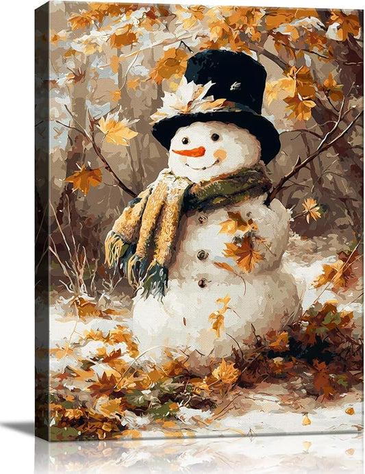 Vintage Snowman in Forest Christmas Canvas Wall Art - Rustic Winter Landscape Framed Print for Living Room, Cozy Christmas Wall Decor, Ideal Christmas Gifts & Festive Winter Decor
