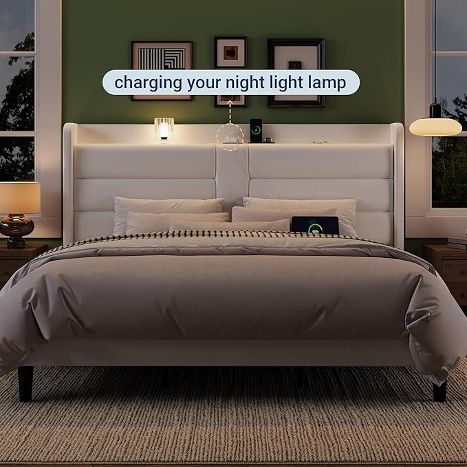Allewie King Size Platform Bed Frame with Charging Station & Storage Headboard, Upholstered Velvet Wingback Design & USB Port, Strong Wooden Slats Support, No Box Spring Needed, Easy Assembly, White