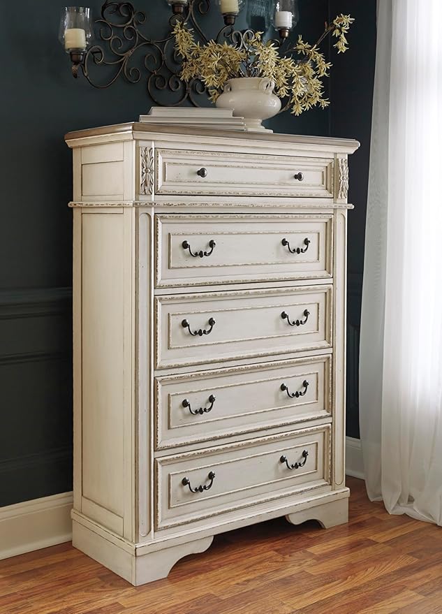 Signature Design by Ashley Realyn French Country 5 Drawer Chest, Tipover Restraint Device, 2-tone Finish, Wood, 40.13" W x 18.13" D x 58.13" H, Chipped White