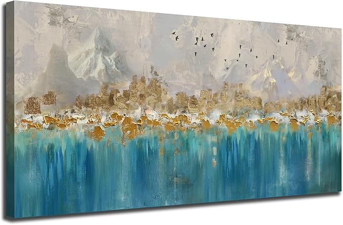 Arjun Teal Gold Abstract Wall Art Blue Turquoise Hand Painted Textured Painting Canvas Modern Grey Artwork Wooden Framed Large Size for Living Room Bedroom Bathroom Home Office Wall Decor, 40"x20"