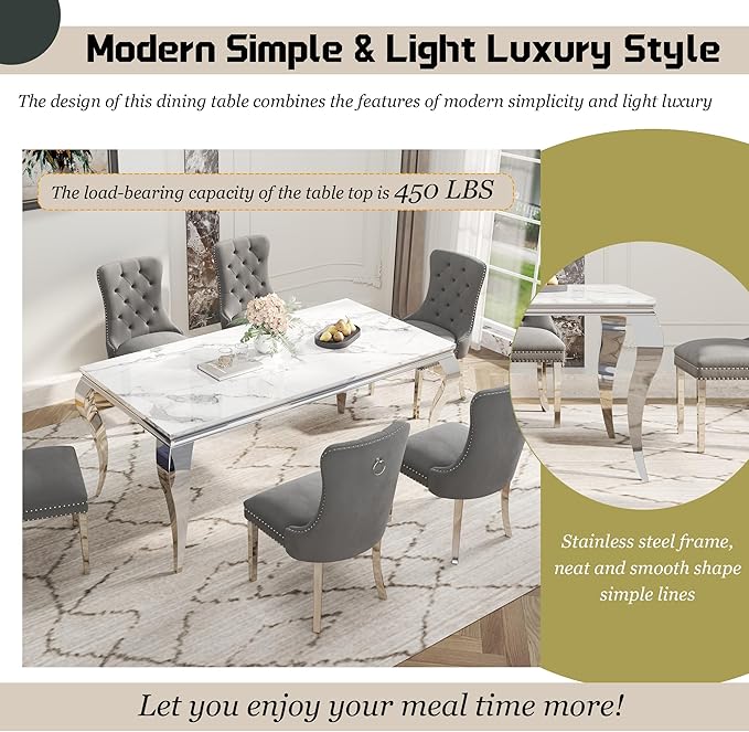 7-Piece Dining Table Set for 6, Faux Marble Dining Table Set with 70'' Marble Dinner Table and 6 Velvet Wing Back Chairs for Kitchen, Dining Room, Gray & Silver
