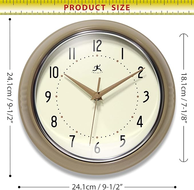 Infinity Instruments LTD. Retro 9 inch Silent Sweep Non-Ticking Mid Century Modern Kitchen Diner Wall Clock Quartz Movement Retro Wall Clock Decorative (Latte)…