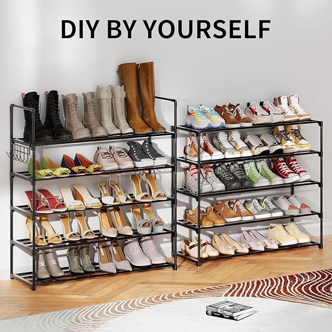 Metal Shoe Organizer,5 Tiers Shoe Storage Shoe Rack with Hooks,Fit 20-25 Pairs,Adjustable Shoe Shelf for Entryway,Hallway,Bedroom,Metal Bottom Support