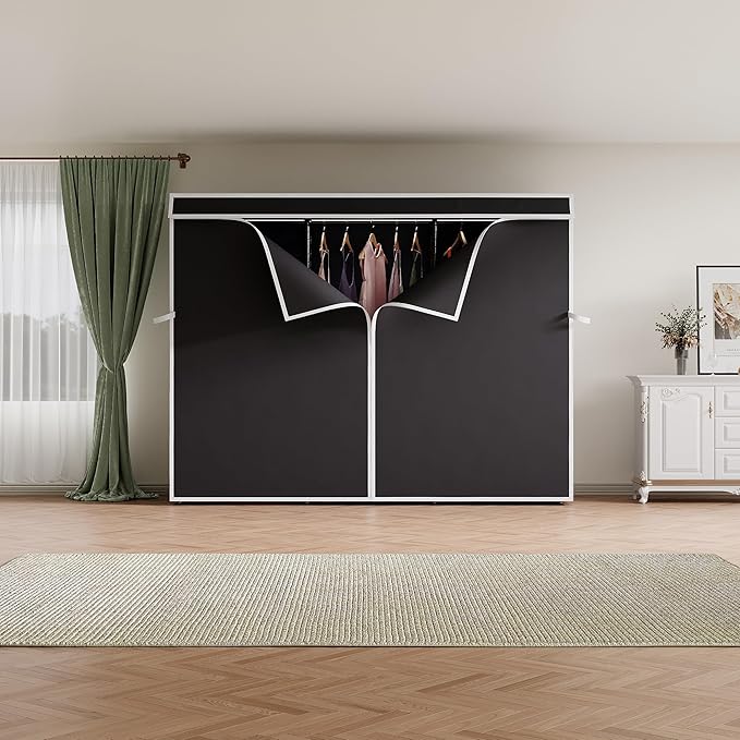 H8 Garment Rack with Cover, Portable Closet for Hanging Clothes, Heavy Duty Clothes Rack Wardrobe Closet Organizer and Storage, Black Clothing Rack Shelf with Black Fabric Cover