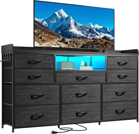 EnHomee Dresser TV Stand with 11 Drawers for 60" TV Stand for Bedroom with LED Lights & Power Outlets Long Dresser for Bedroom with Shelves & 4 Hooks Sturdy Metal Frame & Wood Top, Charcoal Black