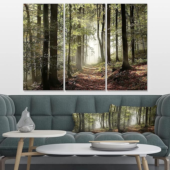 Designart Oversized Canvas Wall Art Décor - Green Fall Forest with Sun Rays - Forest Nature Wall Art Decor Sunshine Through Forest and Road Canvas Pictures - 36" x 28"